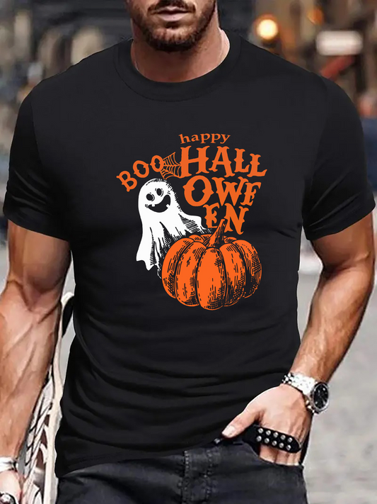 Men's Graphic T-Shirt Happy Boo Halloween With Pumpkin And Smiling Ghost Front