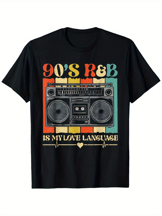Men's Graphic T-Shirt Nostalgic Retro Boombox With Colorful Blocks And Heartbeat Design Boombox