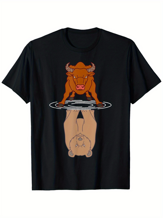 Men's Graphic T-Shirt Reflective Ripple Illustration With Bull Standing Over Calm Bear