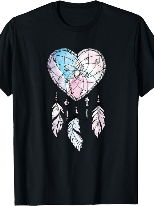 Men's Graphic T-Shirt Soft Pastel Painted Dreamcatcher Feathers Hanging Below Heart
