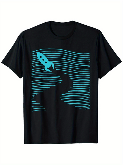 Men's Graphic T-Shirt Minimalist River Path With Playful Blue Cartoon Rocket