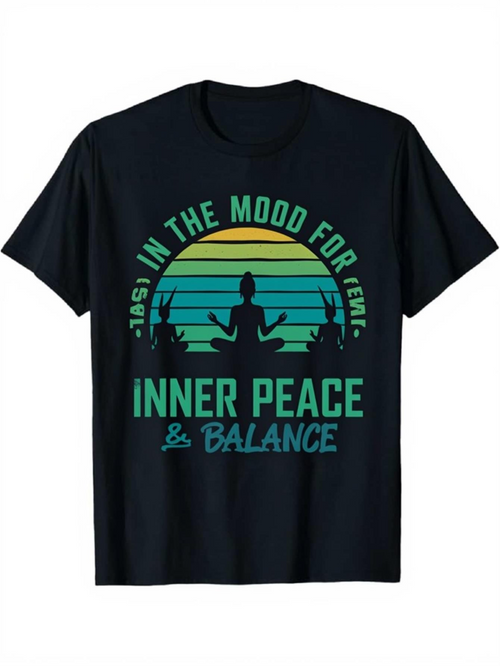 Men's Graphic T-Shirt In The Mood For Inner Peace Balance With Sunset Silhouette Meditation Figure