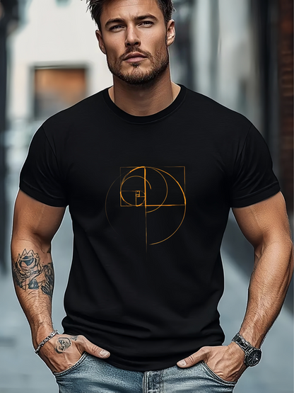 Men's Graphic T-Shirt Golden Linework With Artistic Geometric Shapes On Black Modern Graphic Design