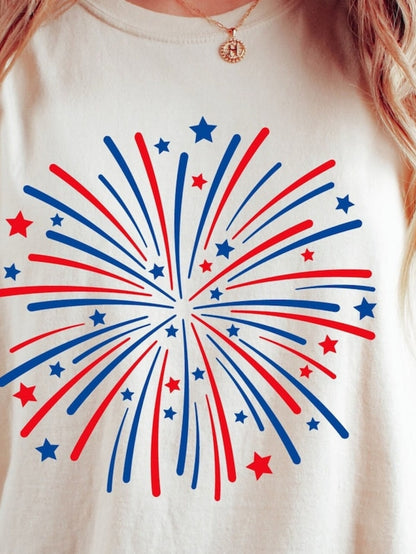 Men's Graphic T-Shirt Radiant Bursting Fireworks With Red And Blue Scattered Stars