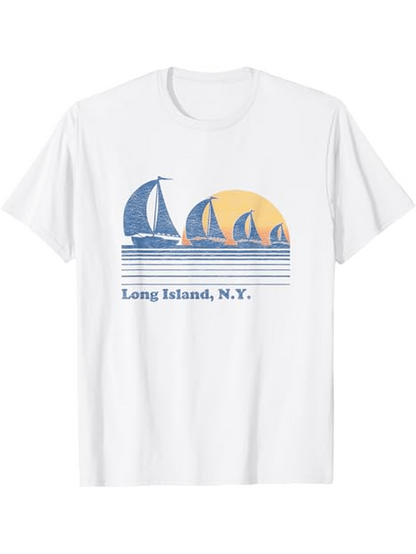 Men's Graphic T-Shirt Long Island NY Orange Sunset With Blue Water Sailboats