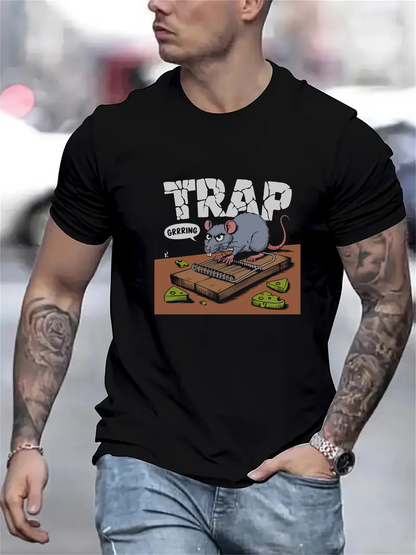 Men's Graphic T-Shirt Trap Warning Cheese And Cartoon Mouse With Mousetrap