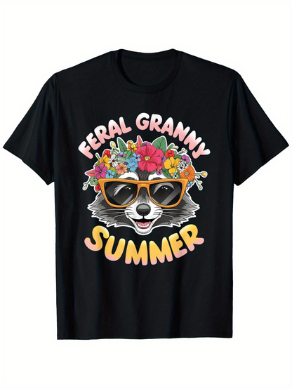 Men's Graphic T-Shirt Feral Granny Summer With Colorful Sun Hat Sunglasses And Smiling Raccoon