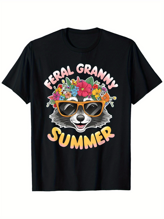 Men's Graphic T-Shirt Feral Granny Summer With Colorful Sun Hat Sunglasses And Smiling Raccoon