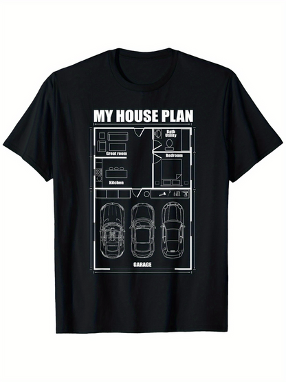 Men's Graphic T-Shirt My House Plan Minimalist Blueprint With Cars And Home Layout