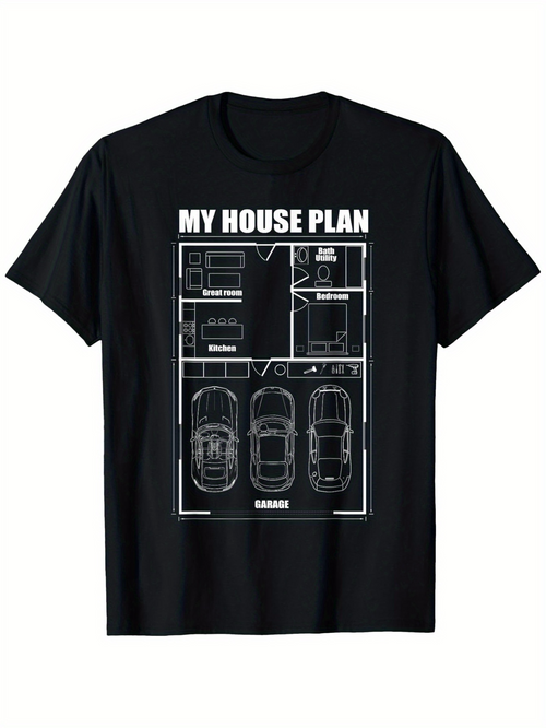 Men's Graphic T-Shirt My House Plan Minimalist Blueprint With Cars And Home Layout