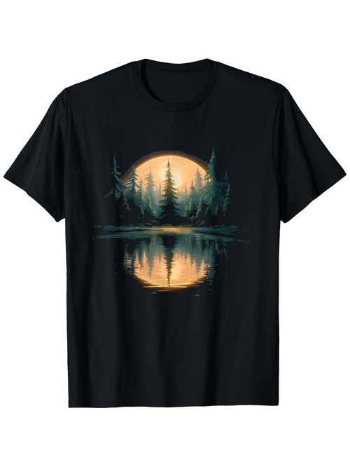 Men's Graphic T-Shirt Golden Morning Light Reflected On Calm Forest Lake Pine Trees