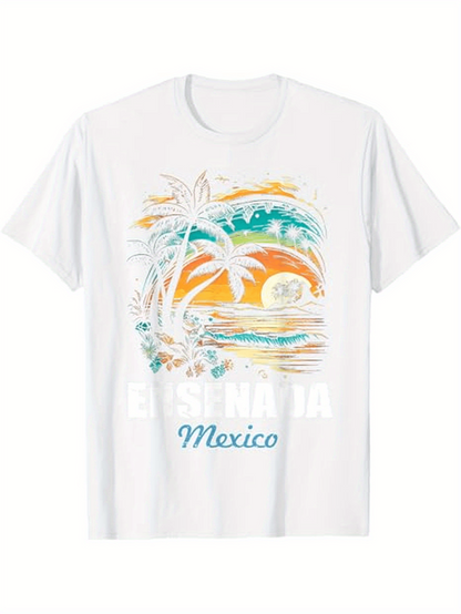 Men's Graphic T-Shirt Ensenada Mexico Vibrant Sunset With Palm Trees Beach And Ocean