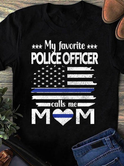 Men's Graphic T-Shirt My Favorite Police Officer With Blue Striped Flag Symbol And Heart Mom