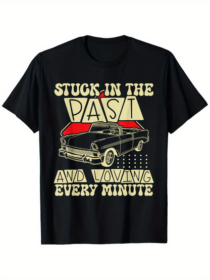 Men's Graphic T-Shirt Stuck In The Past Retro Classic Car With Vibrant Red Abstract Shapes