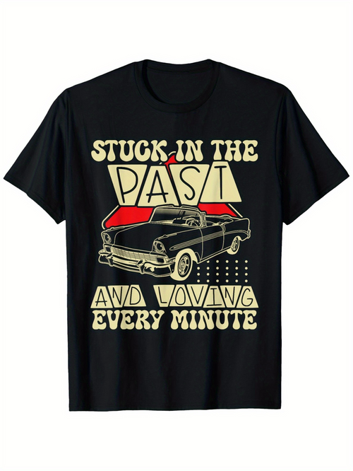 Men's Graphic T-Shirt Stuck In The Past Retro Classic Car With Vibrant Red Abstract Shapes