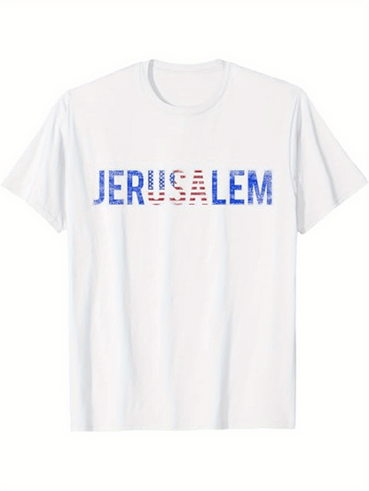 Men's Graphic T-Shirt Jerusalem Bold Blue Lettering With Subtle Striped Letter Print Shirt