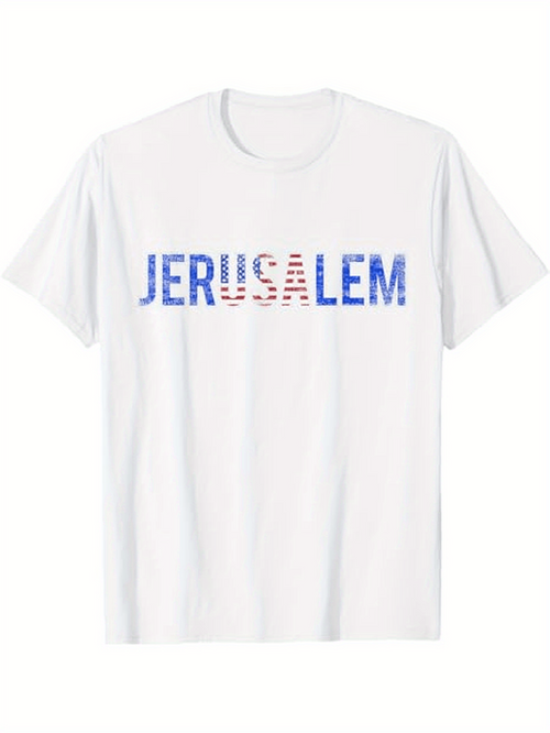 Men's Graphic T-Shirt Jerusalem Bold Blue Lettering With Subtle Striped Letter Print Shirt