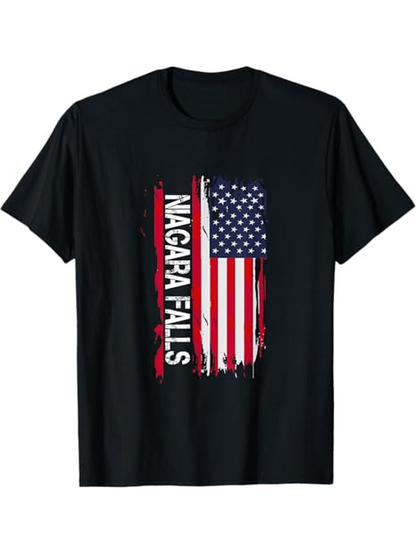 Men's Graphic T-Shirt Niagara Falls With Stylized Red White Blue American Flag Design