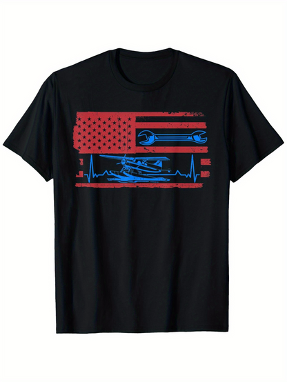 Men's Graphic T-Shirt Heartbeat Line With Racing Car And Tools Among American Flag Graphic Car