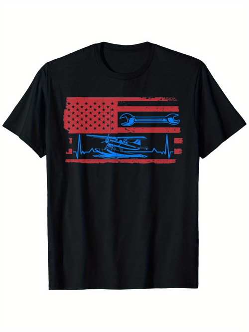 Men's Graphic T-Shirt Heartbeat Line With Racing Car And Tools Among American Flag Graphic Car