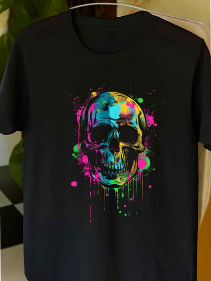 Men's Graphic T-Shirt Colorful Paint Splatters With Neon Drips Surrounding A Luminous Skull