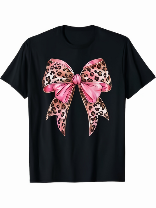 Men's Graphic T-Shirt Pink Leopard Print Patterned Ribbon With Glossy Finish Bow