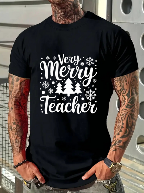 Men's Graphic T-Shirt Very Merry Teacher Winter Snow With Pine Trees Surrounded By Falling Snowflakes