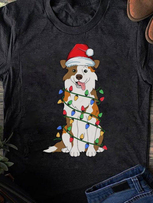 Men's Graphic T-Shirt Christmas Lights Wrapping Around Festive Dog With Santa Hat