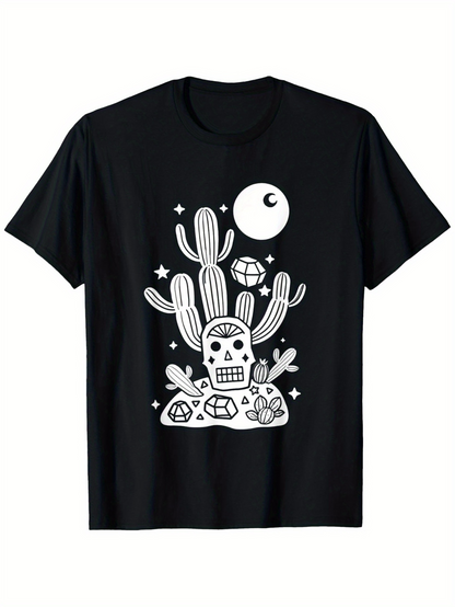 Men's Graphic T-Shirt Moonlit Desert Scene With Cactus Stars And Decorative Skull
