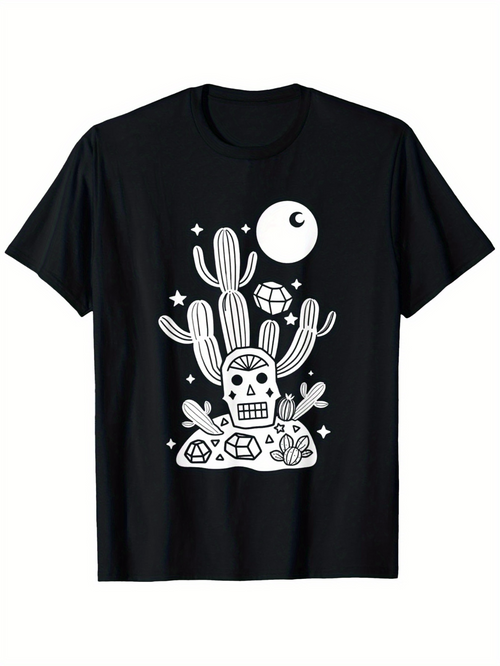 Men's Graphic T-Shirt Moonlit Desert Scene With Cactus Stars And Decorative Skull