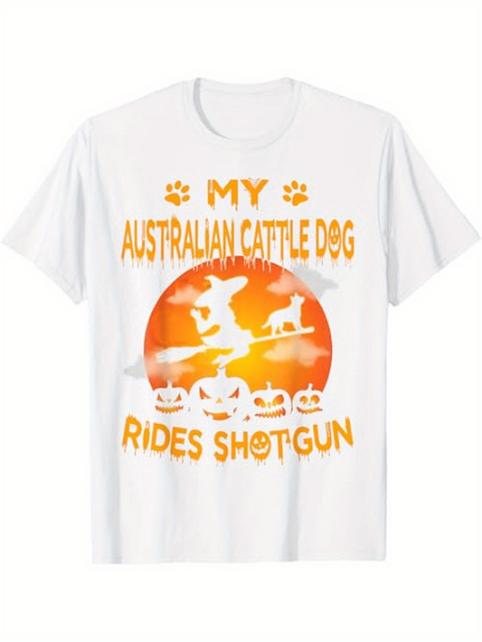Men's Graphic T-Shirt My Australian Cattle Dog Rides Shotgun Among Pumpkin Shadows Halloween Evening Dog