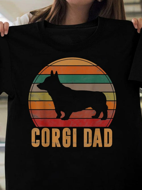 Men's Graphic T-Shirt Corgi Dad With Retro Sunset Striped Background Loyal Dog
