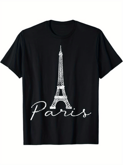Men's Graphic T-Shirt Handwritten Paris Script With Classic Eiffel Tower Silhouette Centerpiece