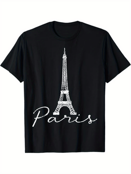 Men's Graphic T-Shirt Handwritten Paris Script With Classic Eiffel Tower Silhouette Centerpiece