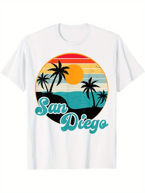 Men's Graphic T-Shirt San Diego Retro Sunset With Palm Trees And Rolling Waves Beach
