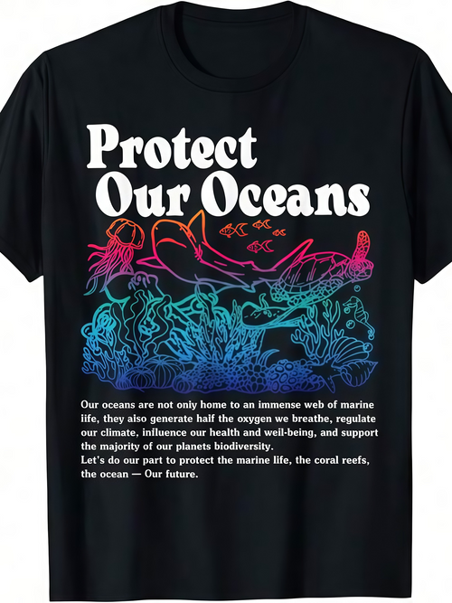 Men's Graphic T-Shirt Protect Our Oceans Colorful Marine Life Among Ocean Waves And Coral Reef Animals