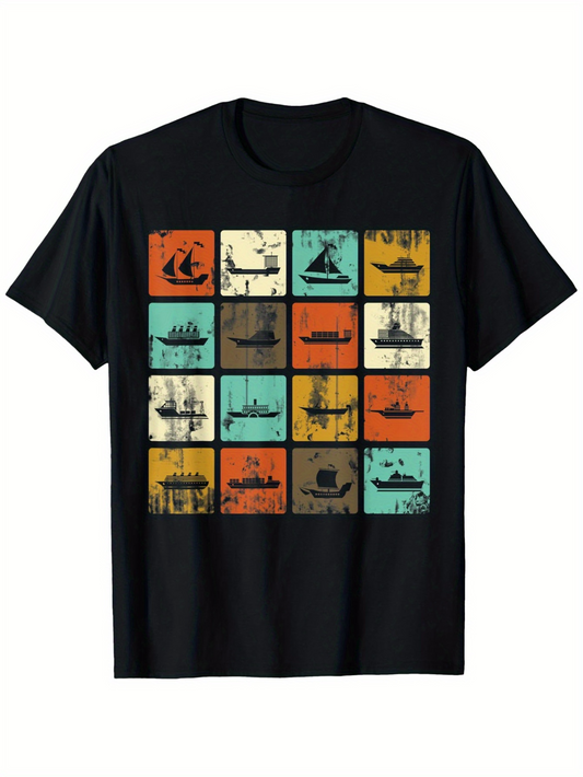 Men's Graphic T-Shirt Colorful Vintage Blocks With Classic Sailing Ships Pattern