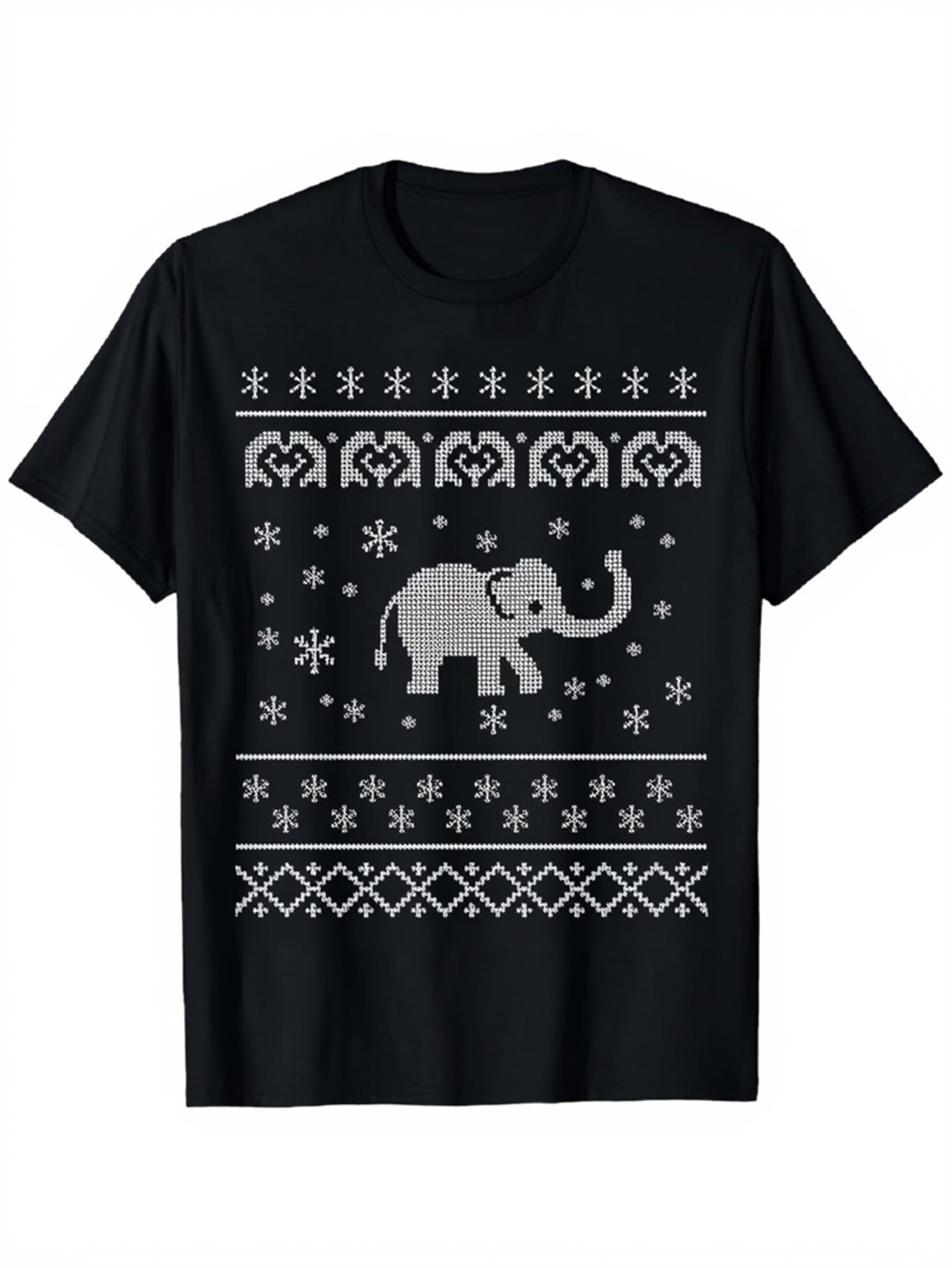 Men's Graphic T-Shirt Winter Knitted Pattern With Snowflakes Around Playful Elephant