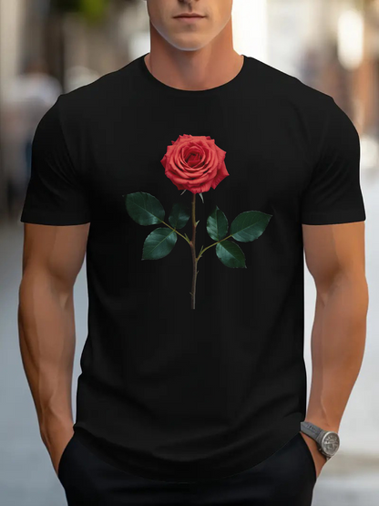 Men's Graphic T-Shirt Vivid Realistic Red Petals Stem And Leaves Rose