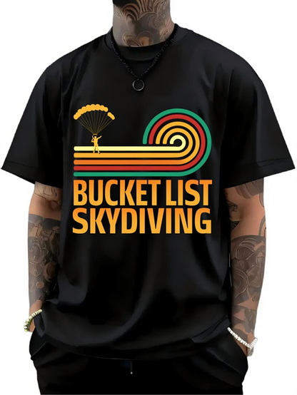 Men's Graphic T-Shirt Bucket List Skydiving Vibrant Retro Swirls With Parachute Landing Under Striped Rainbow Skydiver