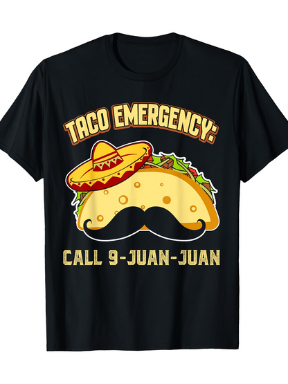 Men's Graphic T-Shirt Taco Emergency Yellow Cheese Lettuce Shell With Sombrero And Mustache Taco
