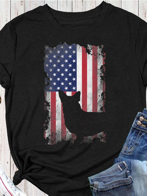 Men's Graphic T-Shirt American Flag With Weathered Edges Featuring Silhouette Of Loyal Corgi Dog
