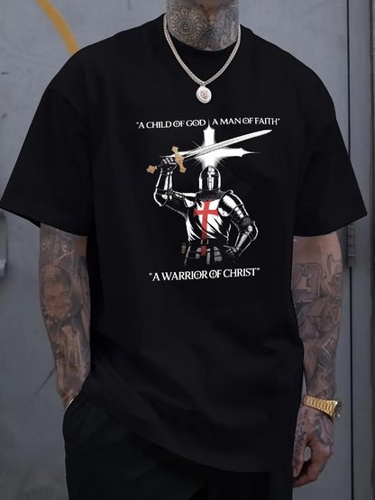 Men's Graphic T-Shirt A Child Of God A Man Of Faith Warrior Knight With Cross Sword Under Dark Sky