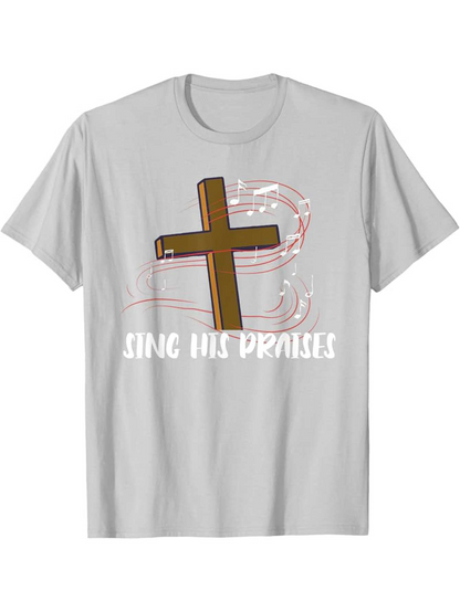 Men's Graphic T-Shirt Sing His Praises Vintage Wooden Cross With Pink Flowing Ribbons