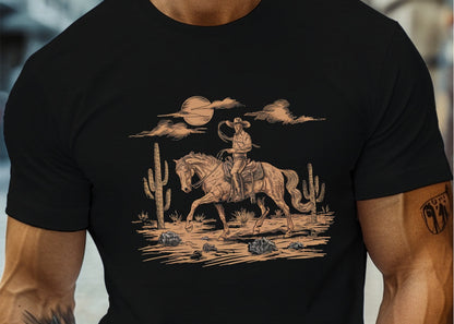 Men's Graphic T-Shirt Desert Sunset With Cacti Sand Rocks And Horse Rider Among Clouds