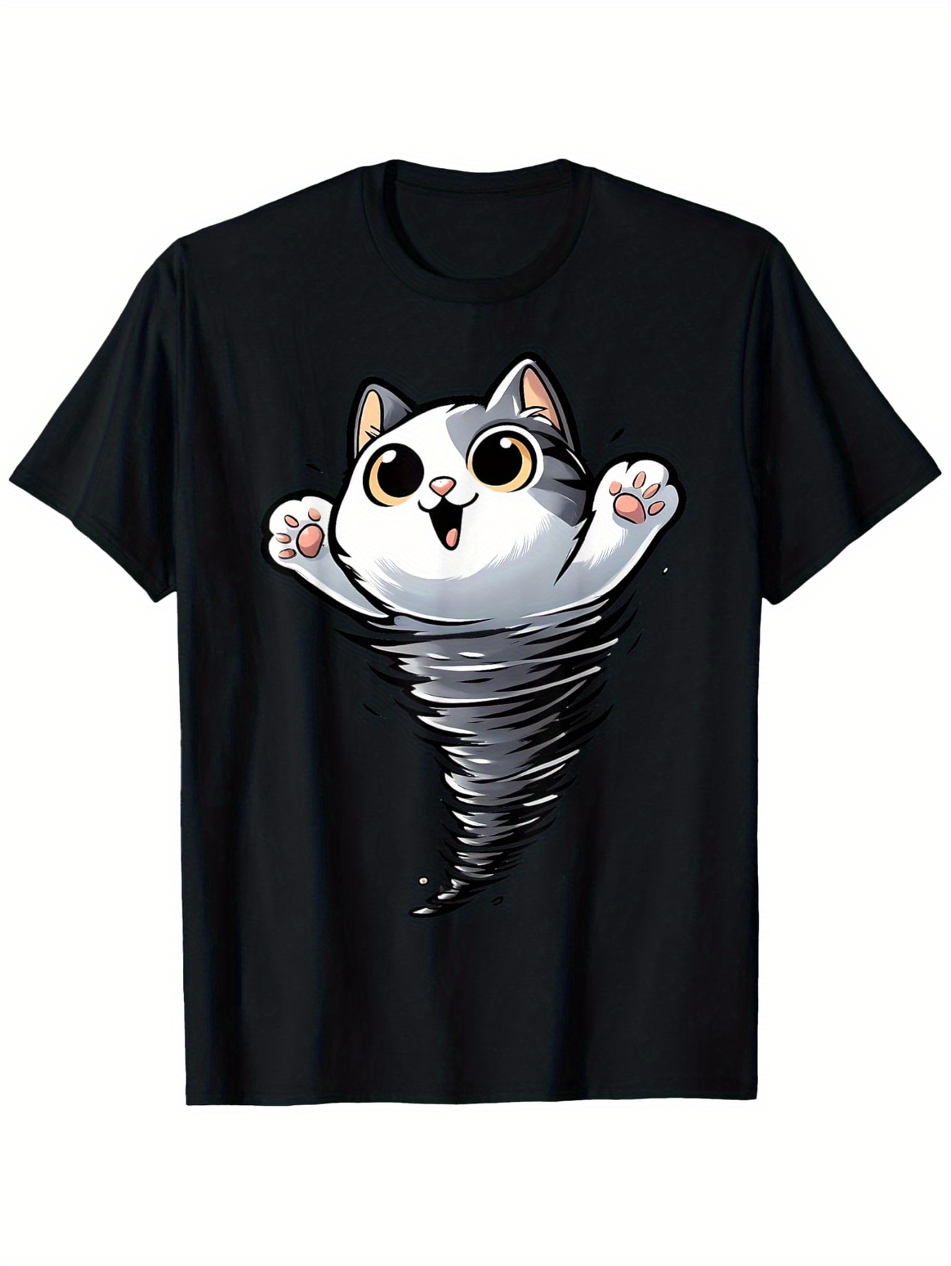 Men's Graphic T-Shirt Playful Cartoon Cat Emerging From Whirling Gray Tornado Spiral