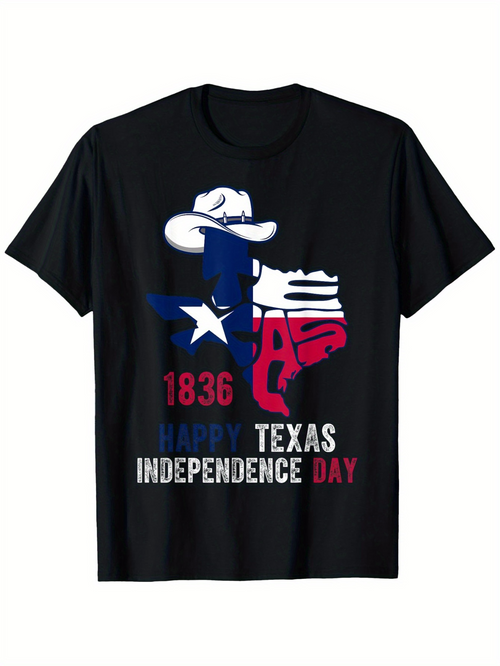 Men's Graphic T-Shirt Happy Texas Independence Day With Cowboy Hat Star Outline Map