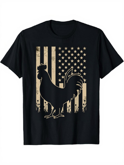 Men's Graphic T-Shirt Vintage American Flag With Silhouette Rooster Standing Proudly In Center