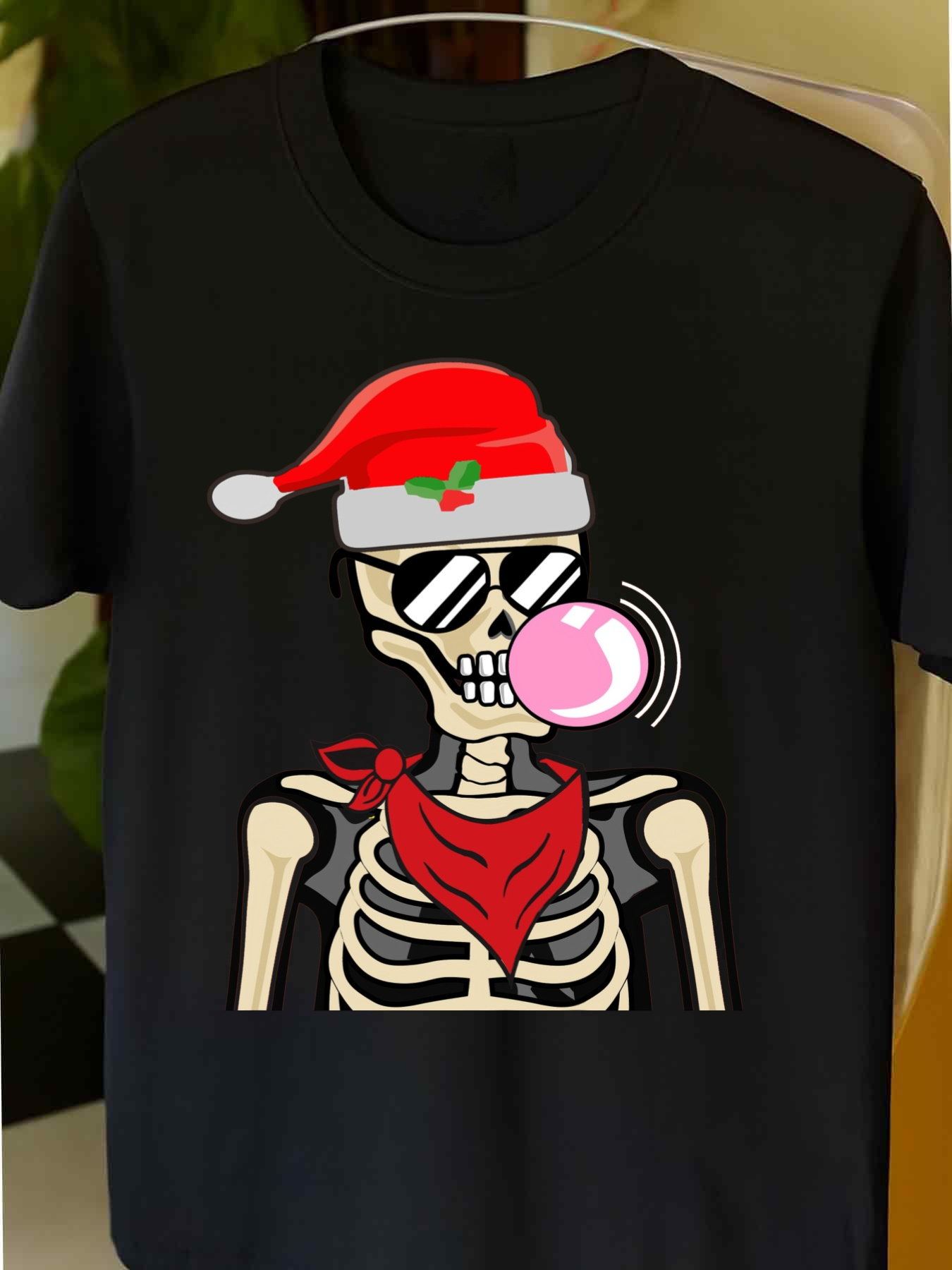 Men's Graphic T-Shirt Christmas Skeleton With Sunglasses Blowing Pink Bubblegum