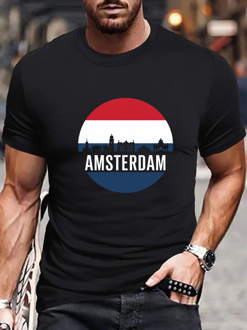 Men's Graphic T-Shirt Amsterdam Skyline Inside Red White Blue Circle Featuring Silhouette Cityscape